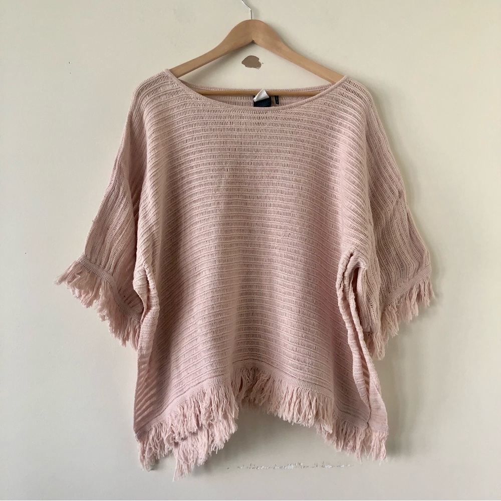 Anthropologie Fringe-Hem Open Knit Poncho in Blush Pink